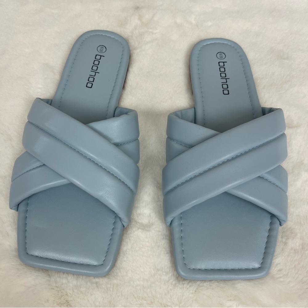NWT BOOHOO WIDE WIDTH PADDED CRISS STRAP SLIDE SANDALS IN PASTEL BLUE SIZE 6 - Picture 7 of 15